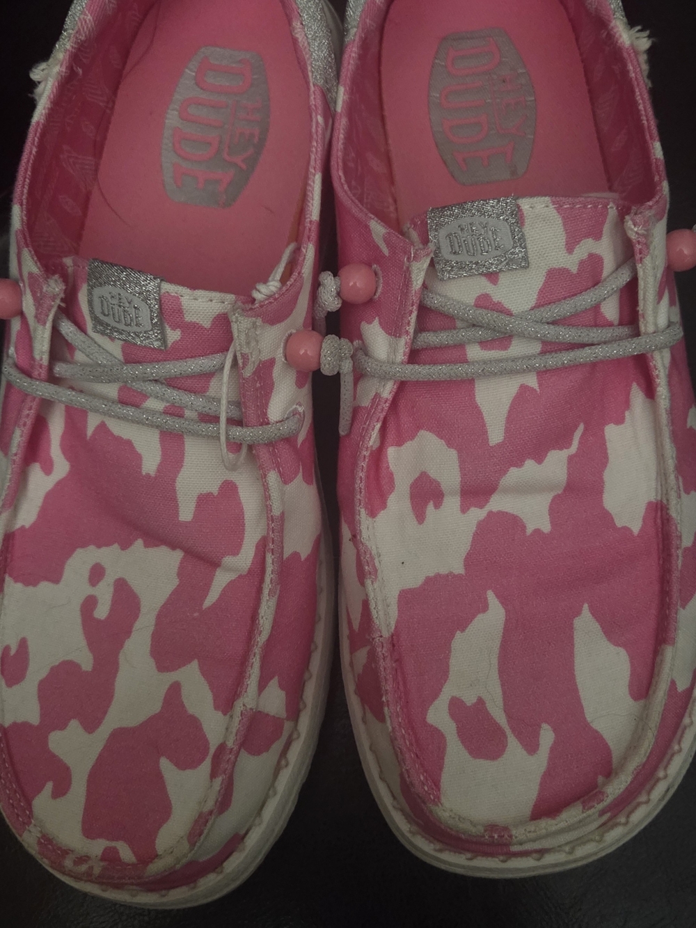 Hey Dudes Size 8 Womens Wendy Pink Whitw Cow Print Slip-On Shoes